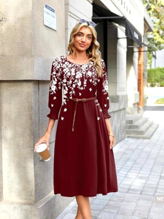 Floral Midi Dress with Pockets 3/4 Sleeve Casual Summer Women's - Picture 6 of 7